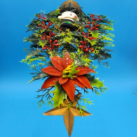 Merry Christmas Tree Snowman Flocked Poinsettia 1970s Kitsch Plastic Hong Kong - Picture 6 of 10